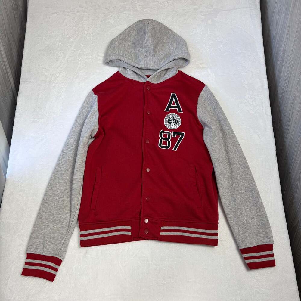 Aeropostale Varsity Lettermen Hoodie Men's L Red Gray Snap Streetwear Casual Y2K